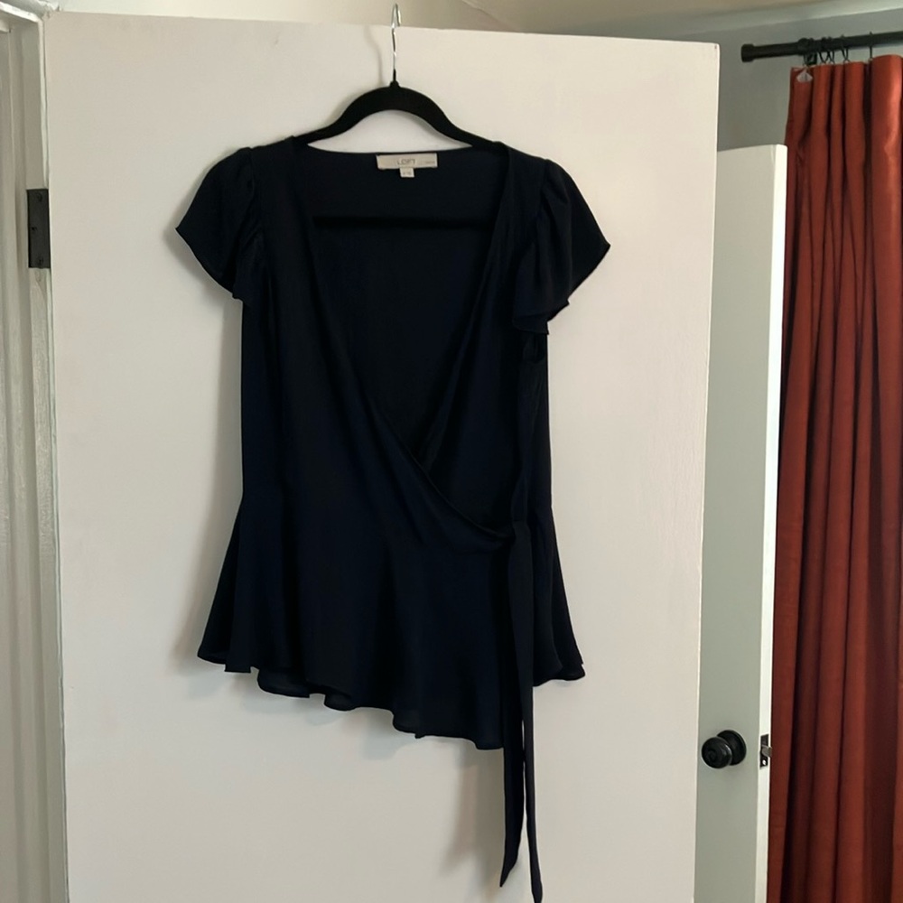LOFT Navy Wrap Tie Front Blouse